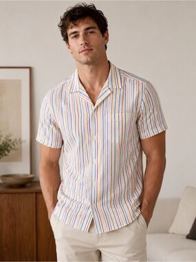 Celebrity Multicolor Stripe Short Sleeve Button Down Shirt